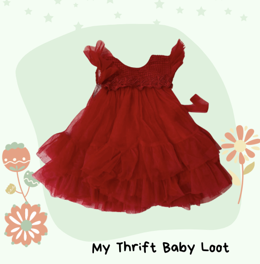 Like New red net fabric frock with lace (12-18 months)